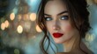 © MD Media - A beautiful woman with sleek hair and blue eyes, wearing red lipstick and a dark burgundy blazer outfit. Dramatic winged eyeliner makeup. glamorous brunette model with long black hair and red lips