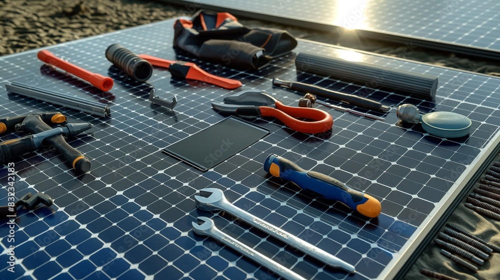 A solar panel technician's toolkit laid out next to a panel, focusing ...