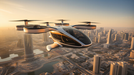 A flying taxi flies over a modern city