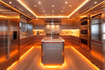 Sticker - Futuristic kitchen with sleek stainless steel appliances and vibrant orange lighting, creating a modern and innovative space perfect for culinary creativity and stylish home design