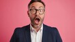 © Nick - Businessman shocking jaw dropped eyes widening in disbelief copy space Caucasian male beard in black navy blue suit unbelievable facial expression eyeglasses spectacles