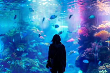 Person silhouette standing in front of a large aquarium tank with colorful coral and fish, illuminated with vibrant blue and purple lighting.