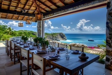 Wall Mural - Tropical Outdoor Dining with Scenic Ocean View at Luxury Resort