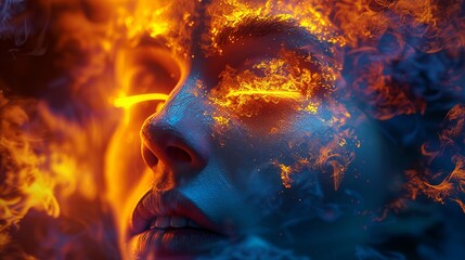 Poster - Close-up of a woman's face surrounded by a futuristic red and blue digital aura, symbolizing technology, innovation, and modern design.