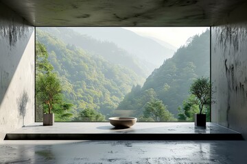 Poster - Modern bathroom with large window offering a stunning mountain view, featuring minimalist decor and natural elements for a serene and inviting space