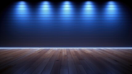 Wall Mural - wood floor with dark black wall with blue lighting