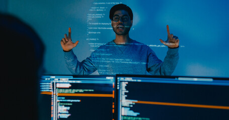 Group adult Asia male software developers mentor leader manager talk strategy plan to executive write prompt AI bot IT app program nomad, video game, designer, data center. Projecting slideshow code.
