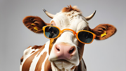 Wall Mural - Funny cow with sunglasses background, Generative AI