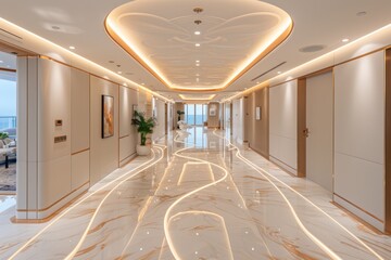 Sticker - Modern hallway with marble flooring and ambient lighting, creating an elegant and inviting space perfect for a high end residential or commercial setting