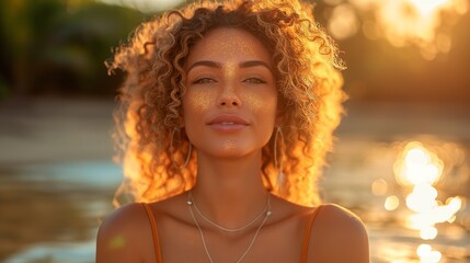 Wall Mural - beautiful young african woman in gold glitter flares, magical light.