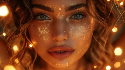 Wall Mural - beautiful young woman in gold glitter flares, magical light.