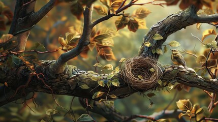 Wall Mural - Bird in a nest on a tree branch in a forest