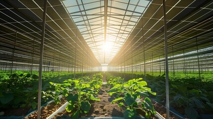 An agricultural greenhouse covered with semi-transparent solar panels, demonstrating the dual use of land for both power generation and farming. 