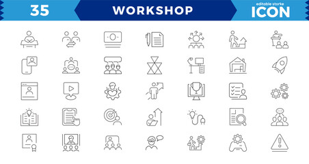 Workshop web icon set. collaboration, teamwork, partnership, goals, problem-solving and education,Workshop outline icons with Includes Presentation, Managing, editable stroke outline icon.