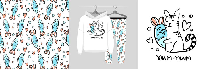 Wall Mural - Seamless pattern and illustration with cat hugs fish. Best friends bundle. Yum-yum text. Cute design pajamas. Baby background for fashion t-shirt print, birthday invitation card, wrapping