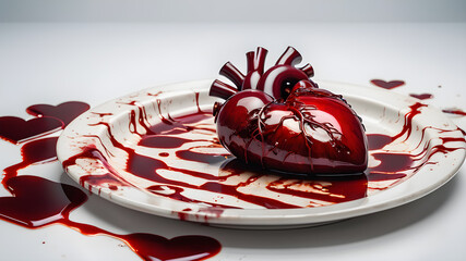 plate on white background. bloody human heart on a plate. generative ai