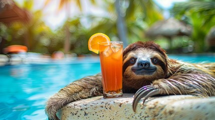 Poster - paradise with our delightful sloth, lounging with a refreshing cocktail by a sparkling pool