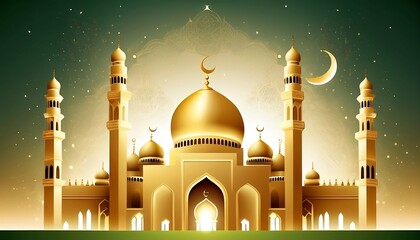 Sticker - beautiful golden mosque illustration background for Eid Mubarak celebration  banner, card, poster flyer template created with generative ai