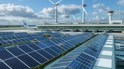 Wall Mural - An eco-friendly airport terminal with solar panels and wind turbines in the background, illustrating a commitment to renewable energy sources.