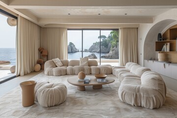 Poster - Minimalist beachside living room with white pouf seating and large windows offering a breathtaking ocean view, emphasizing a serene and tranquil coastal ambiance