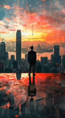 Wall Mural - A man stands in front of a modern city skyline, looking out at the tall buildings and bustling urban landscape