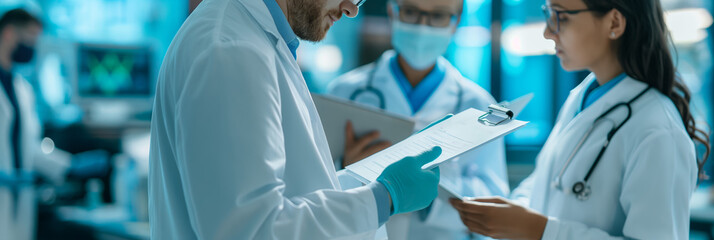 Wall Mural - Medical professionals review a document in a high-tech laboratory setting
