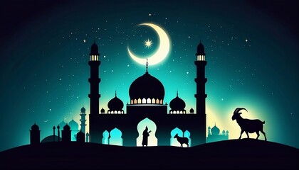 illustration vector graphic of mosque and goat for eid al adha mubarak background, banner, card, pos