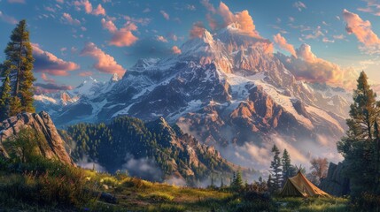 Wall Mural - Camping under a snow-capped mountain at sunset