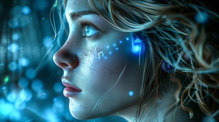Wall Mural - Girl with 3D Bluetooth icon,