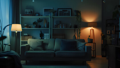 Wall Mural - Interior of dark living room with couch, shelving units and glow