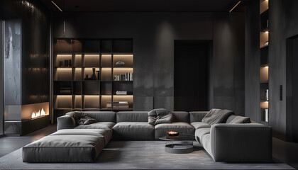 Wall Mural - Interior of dark living room with couch, shelving units and glow