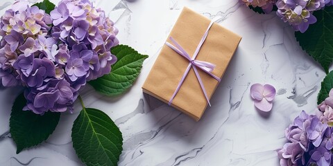 Sticker - Gift box and purple Hydrangea macrophylla flowers on light background