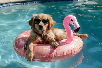 Sticker - Golden Retriever Puppy Sporting Cool Shades, Floating on a Flamingo Pool Float