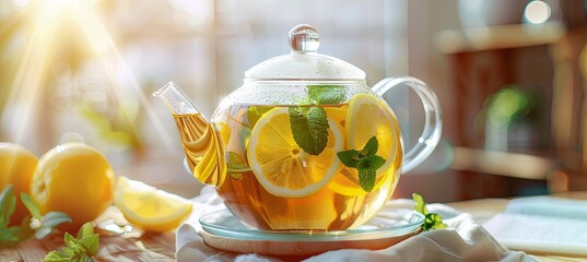 Sticker - Green Tea with Fresh Mint Leaves and Lemon Slices in a Glass Teapot