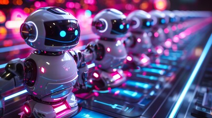 2905 31 Detailed close-up of robots in a math race, using holographic displays