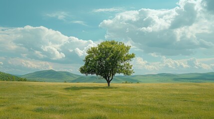 Landscape with tree on the hill. Blue nature background.