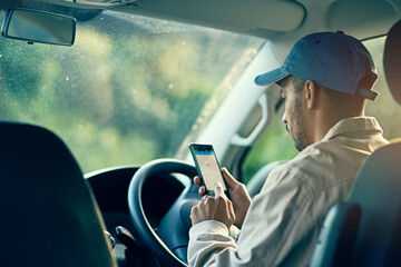 Poster - Phone, driver or delivery man with location for cargo, stock or package address in shipping business. Parcel order, online or courier driving for van transportation, supply chain or freight schedule