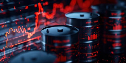 Black oil barrels with a red graph background