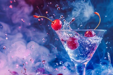 Poster - Martini cocktail drops one cherry and splashes on a blue and purple smoky background