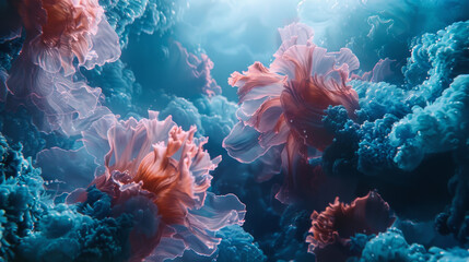A colorful underwater scene with pink and blue flowers