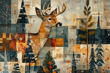 Canvas Print - midcentury modern cubic abstract artwork Christmas scene deer in Neutral earth tones with organic themex