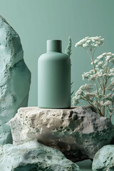 Wall Mural - Green Bottle Product Display With Rocks and Flowers