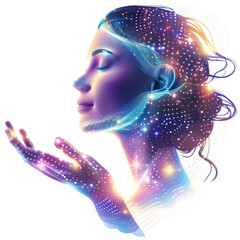 Sticker - Woman with 3D Data Transformation icon, on the white background