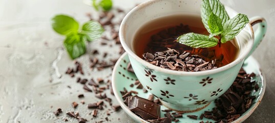 Canvas Print - Peppermint Tea with Peppermint Sprigs and Chocolate Shavings in a Modern Teacup