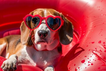 Sticker - Playful Beagle with Heart-shaped Sunglasses Enjoying on a Red Inflatable Pool