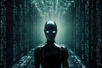 Wall Mural - male robot in digital world on binary code background