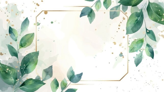 watercolor frame with green leaves and gold square shape on white background