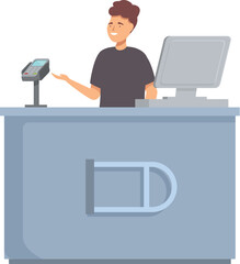 Poster - Illustration of a smiling cashier managing a modern payment system at the checkout counter