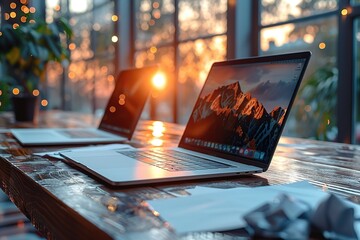 Poster - Two laptops are on a wooden table with a mountain view in the background