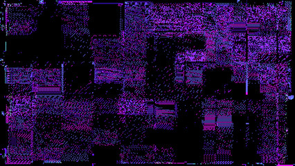 Aufkleber - Abstract Technology Futuristic Digital Square Pattern. Square Pixel Glitch Dither Dark Purple Background. Rectangle Particles Metaverse Concept Backdrop, Virtual Cyber Space. Vector Illustration.